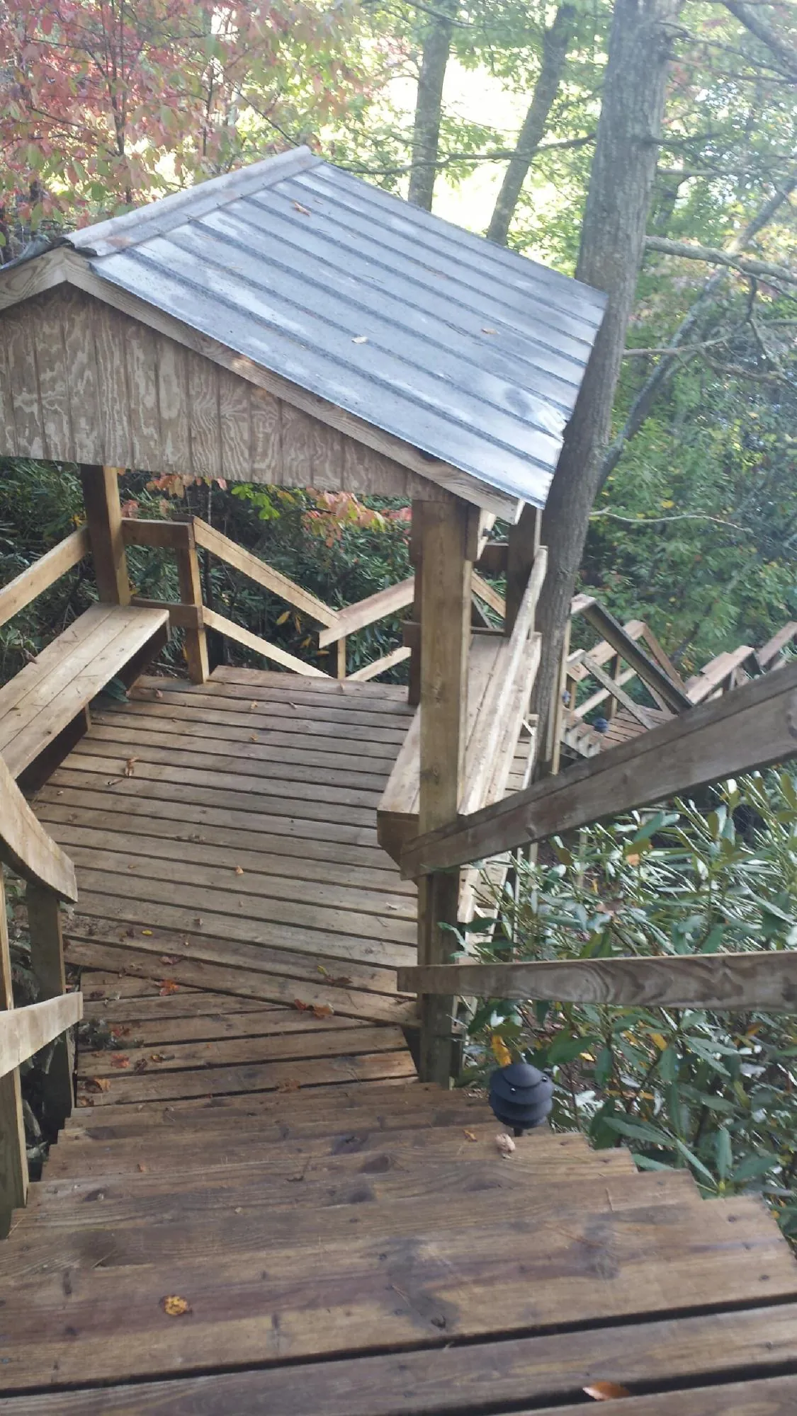 Metal roofed shelter over wooden steps on a wooded walkway — Skylight Repair & Installation work by our crew in Bellefontaine